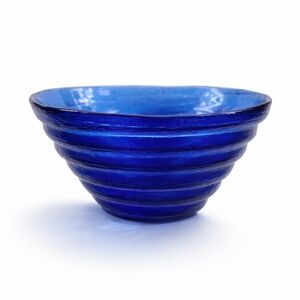 Cobalt Blue Hand Blown Art Glass Bowl Ribbed Swirl Small Decorative Dish 5"